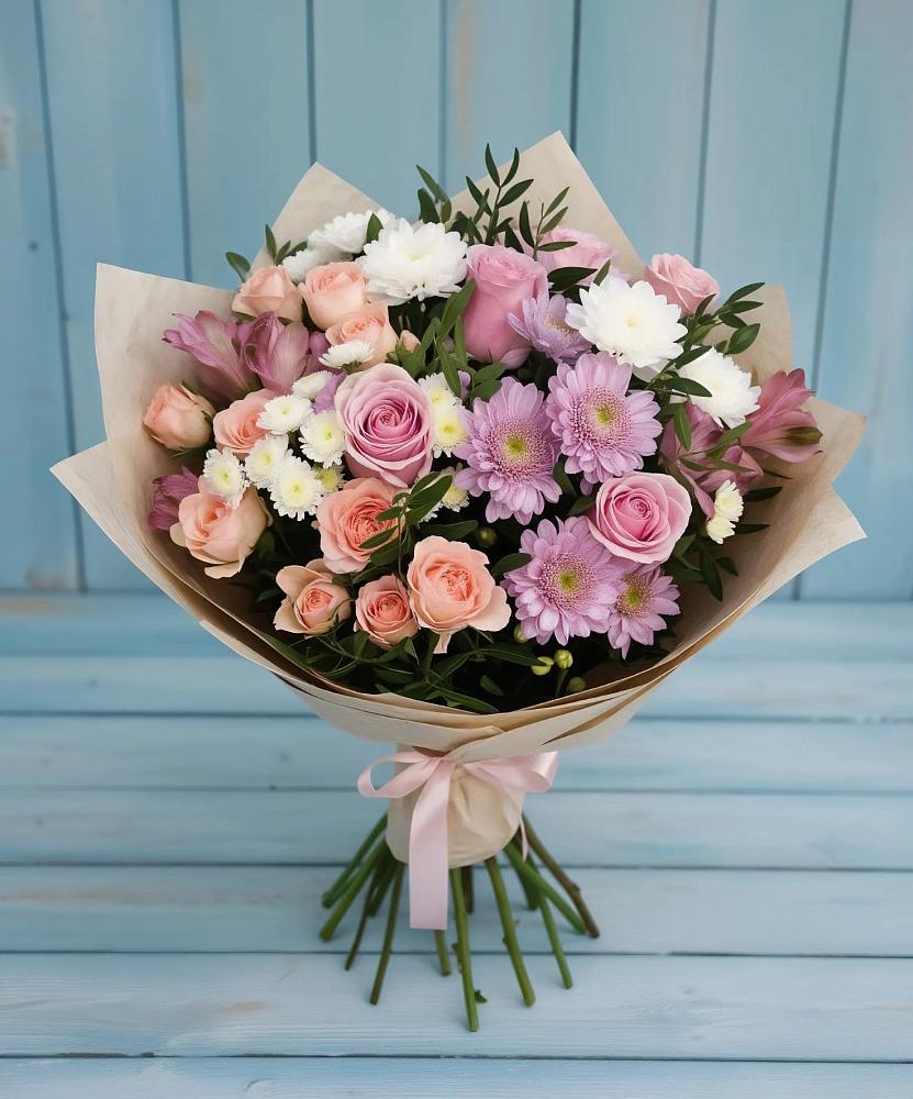 Букет цветов из: Хризантемы, Розы и Альстромерии в Тимонино