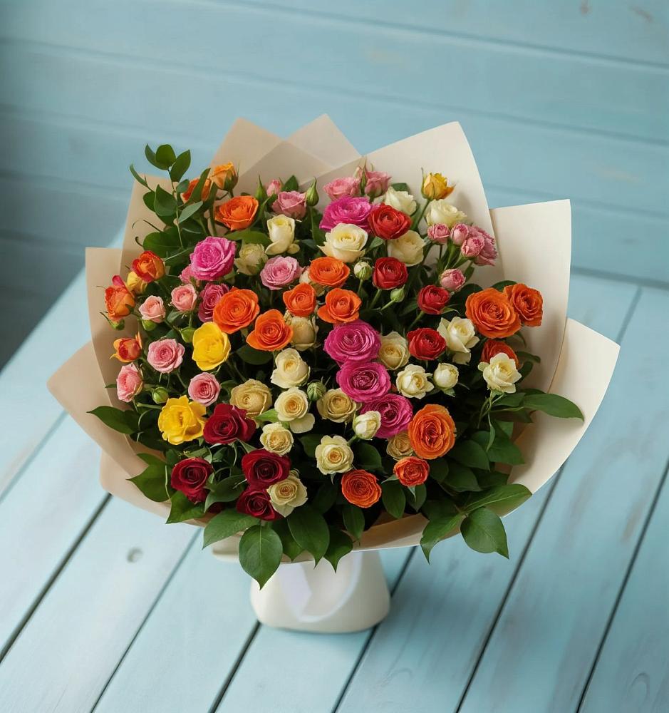 Букет Микс из разноцветных кустовых роз в Тимонино