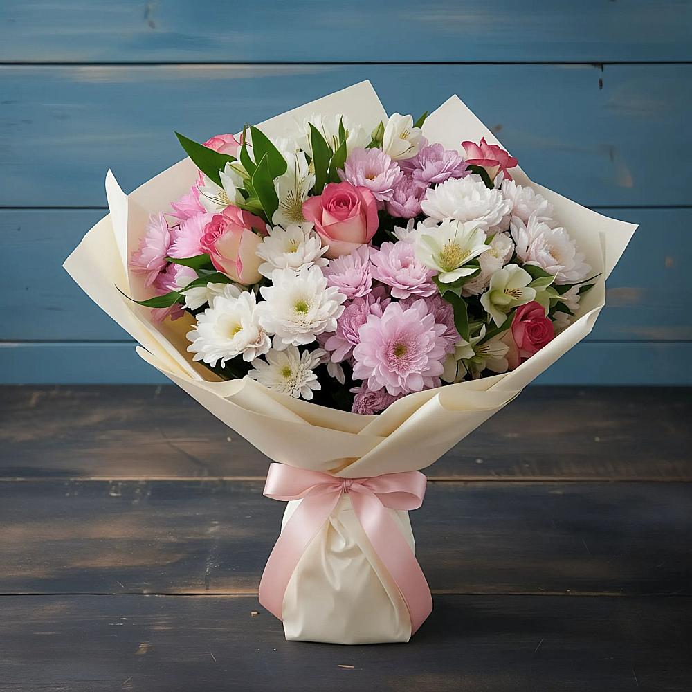 Букет цветов из: Хризантемы, Альстромерии и Розы в Тимонино